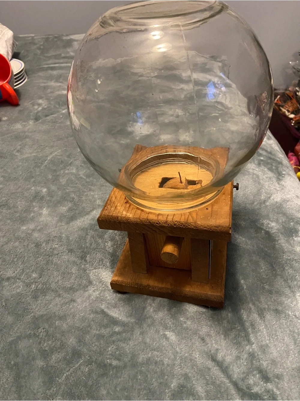 Peanuts Glass Candy Dispenser with Blue Logo and Natural Wood Base